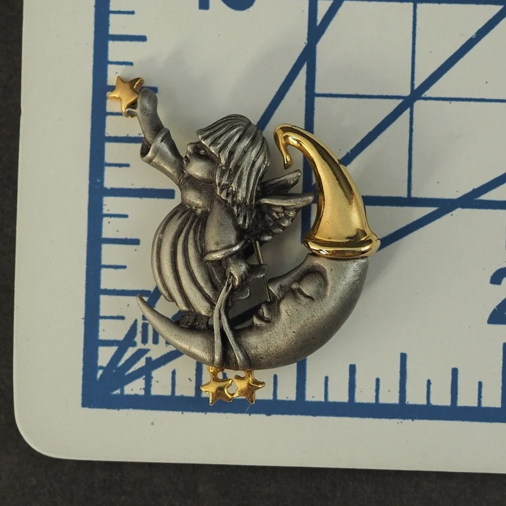 Vintage Daria Brooch Pin Celestial Angel Child Moon Stars Pewter Gold Two Tone